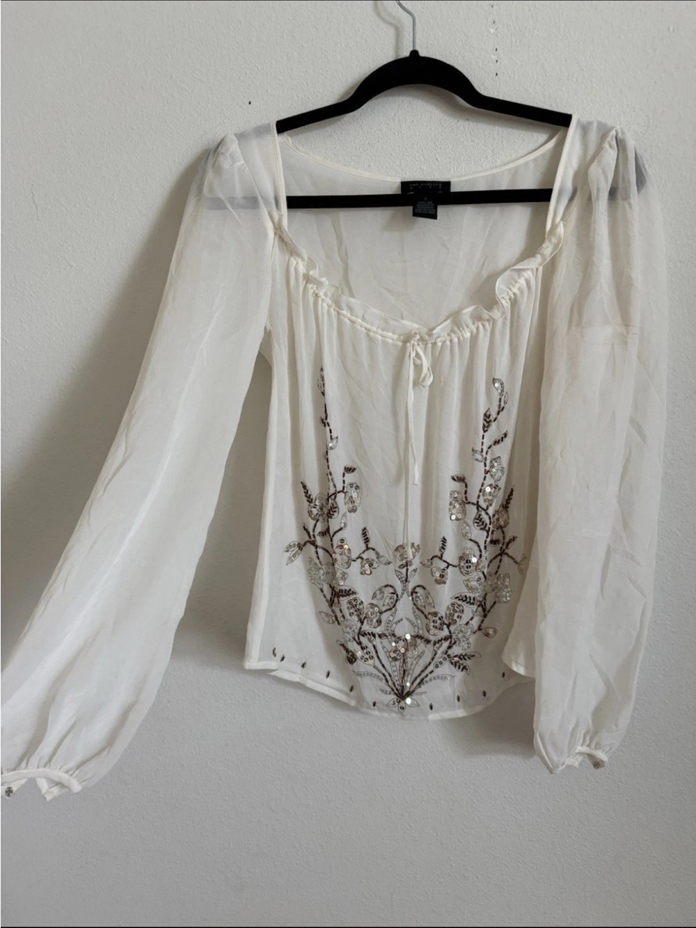 Vintage The Limited Silk White Ivory Sheer Milkmaid Sequin Long Sleeve Boho S